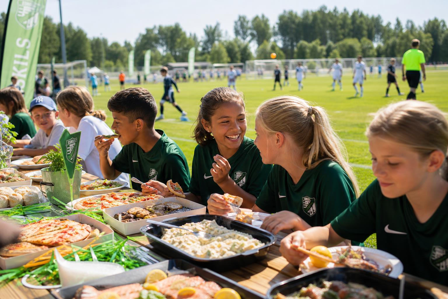 Young soccer players enjoying the buffet together